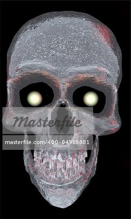 A digital skull with glowing eyes with an icy appearance.