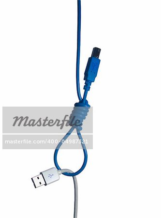 A white USB connection being hang on a gallows´s rope made out of a blue USB wire over a white background.
