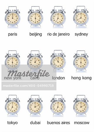 group of alarm clock with times 12 clock and 12 cities