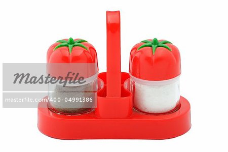 The complete set of a saltcellar and pepperbox in a red support