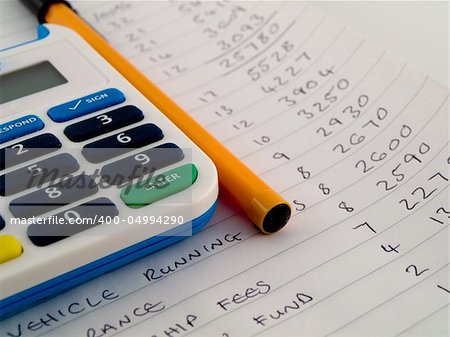 Bank Pin Number Security Calculator With Biro Pen Stylus on White Note Paper Showing a Home or Small Business Financial Budget