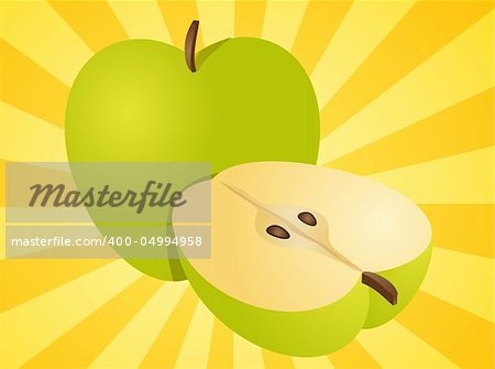 Apple illustration whole and half cross-section isometric view