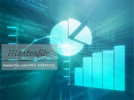 Illustration of Spreadsheet data and business charts in glowing wireframe style