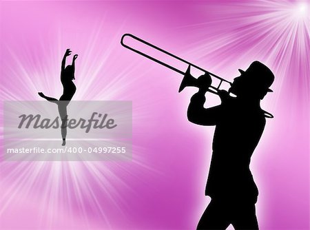 Trumpet player and woman dancer to represent music world