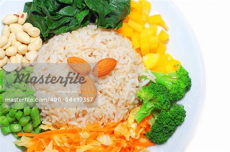 Healthy Asian dishes, brown rice and vegetables