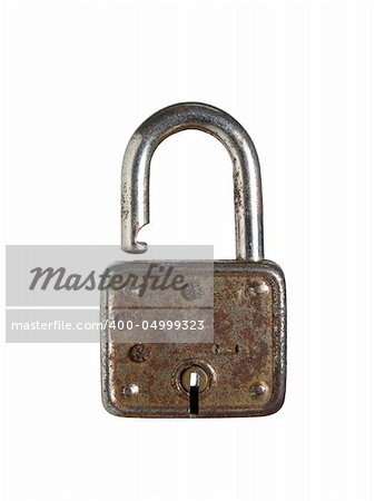 An old and rusty lock opened against a white background.