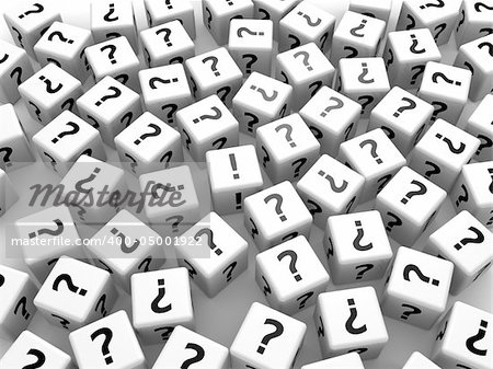 3d rendered illustration of many white dice with question mark