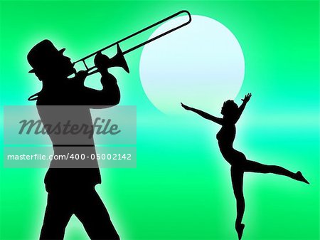 Dancer and player exhibition in the sunset