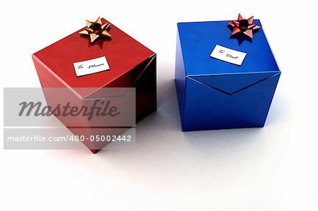Christmas gifts for mum and dad over white background