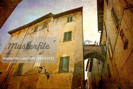 Artistic work of my own in retro style - Postcard from Italy. - Architecture urban alley, Spoleto, Umbria, Italy