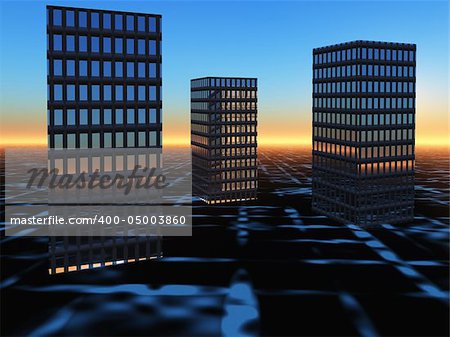 An abstract background of buildings on a glowing grid sunrise horizon.