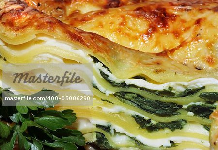 Vegetarian lasagna with ricotta cheese and spinach filling