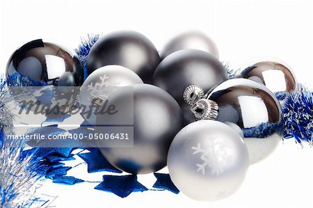 Dark and light silver Christmas balls with blue stars