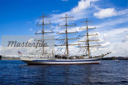 A Russian state sailing ship anchored in Neva river, Saint Petersburg.
