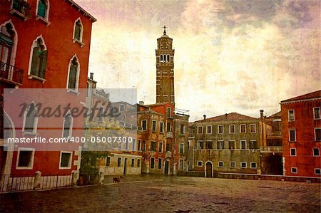 Artistic work of my own in retro style - Postcard from Italy. - Nice square after rain - Venice.