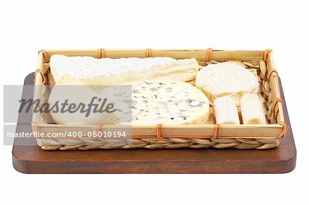 Basket of cheeses isolated on white background