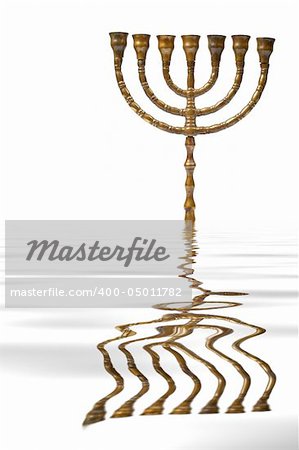 A Hanukkah Menorah reflected on water background