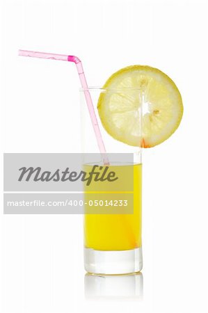 A glass of orange juice with a lemon slice and straw, reflected on white background
