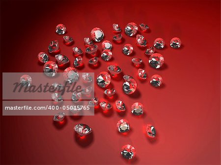 3d rendered illustration of shiny diamonds on a red background