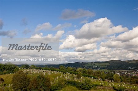 A view of Stirling cemetery under a cloudy sky, Scotland