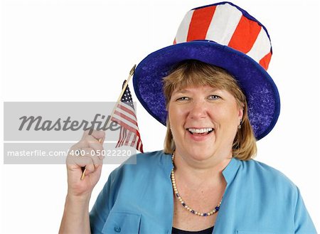 A happy, enthusiastic military wife waving an American Flag.  Isolated on white.