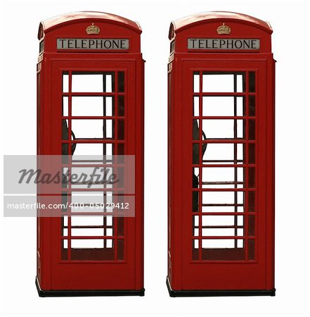 Two classic red British telephone box, isolated on a white background