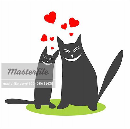 Two enamored black cats and hearts on a white background. Valentines illustration.