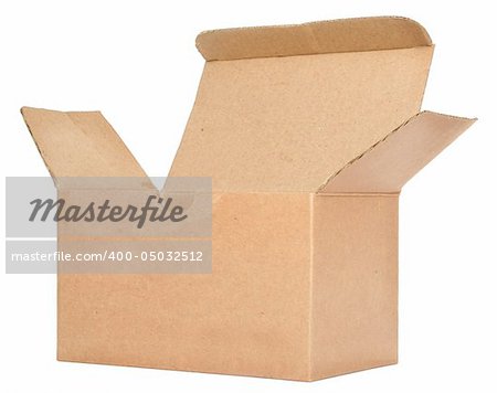 front view of single open cardboard box against white background