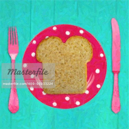 Painting of a pink dinner plate with a slice of bread and a knife and fork