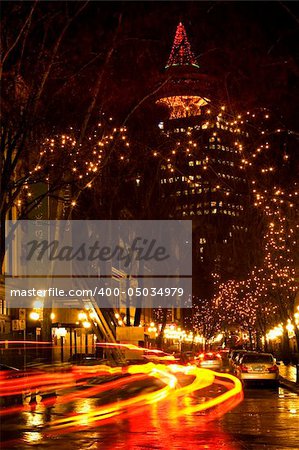 Gas Town, Vancouver, British Columbia, At Night with Car Trails   Trademarks Removed.