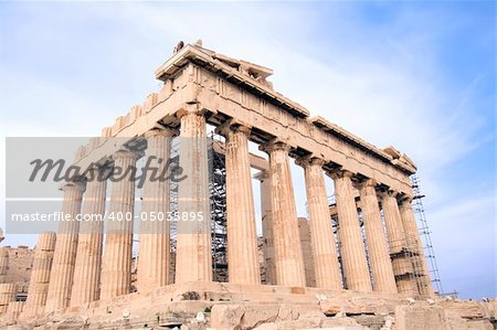 Wide angle view of the Parthenon at the Acropolis in Athens, Greece. c 5th century B.C.