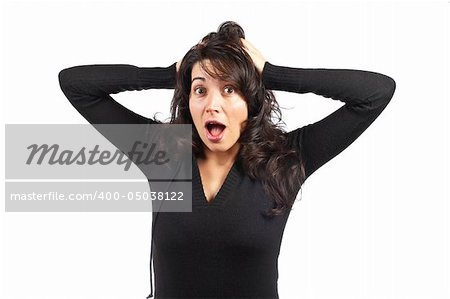 Angered young woman over a white background