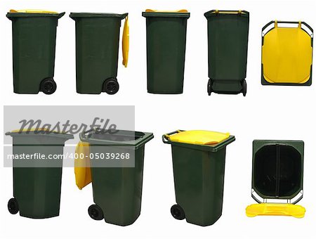 green garbage bins with yellow cover isolated on white background