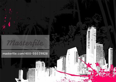 Illustration with city and pink splash. Vector