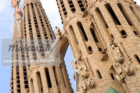 Closeup up of Sagrada Familia Towers in Barcelona, Spain.  Designed by famous architecture Gaudi.