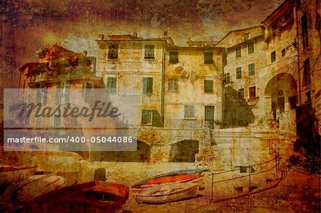 Artistic work of my own in retro style - Postcard from Italy. Village by the sea - Tuscany.