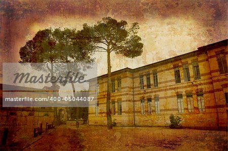 Artistic work of my own in retro style - Postcard from Italy. Public school - Tuscany.