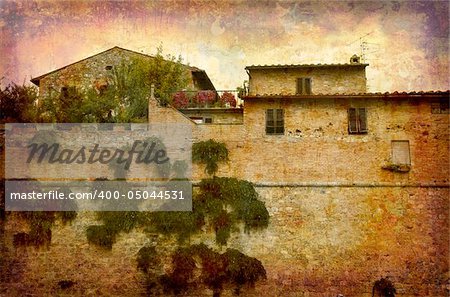 Artistic work of my own in retro style - Postcard from Italy. - Fragment of the town wall around San Gimignano - Tuscany