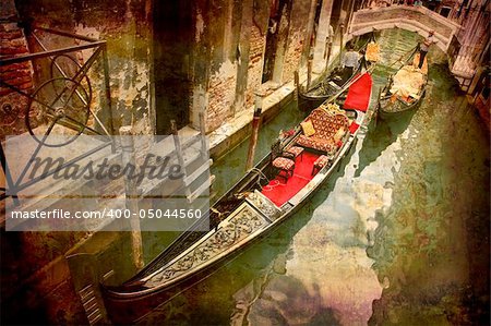 Artistic work of my own in retro style - Postcard from Italy. - Gondolas - Venice.