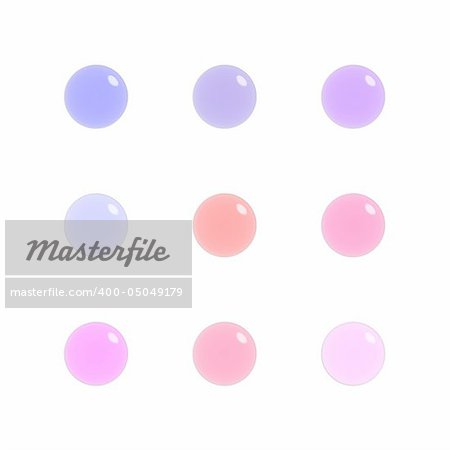 Nine shiny buttons (orbs) of glass, purple and pink colours, isolated on white.