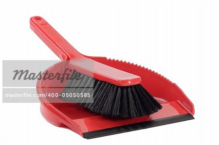 Red dust pan and sweeper - isolated on white background