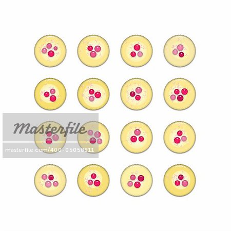 Yellow cupcakes with cherries, sprinkles and frosting, isolated on white