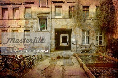 Artistic work of my own in retro style - Postcard from the former GDR. - Backyards Prenzlauer Berg - Berlin,  Germany.