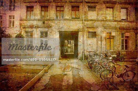 Artistic work of my own in retro style - Postcard from the former GDR. - Backyards Prenzlauer Berg - Berlin,  Germany.