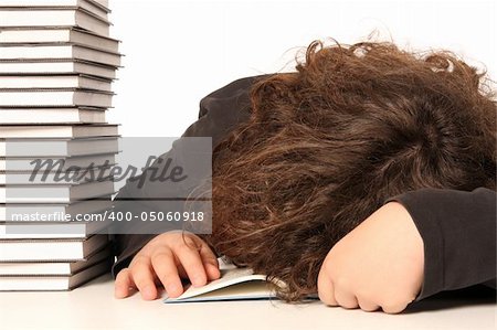boy sleeping and and many books on white background