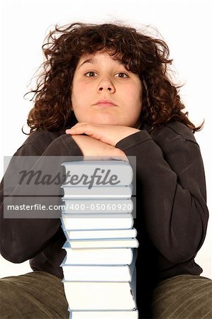 boy and many books on white background