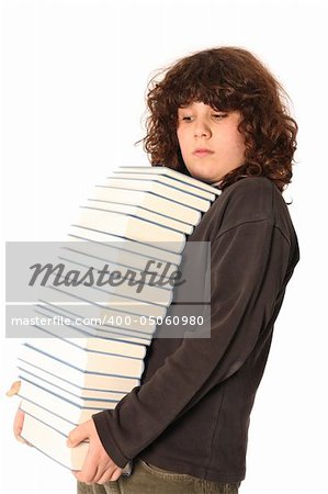 boy carrying books on head on white background