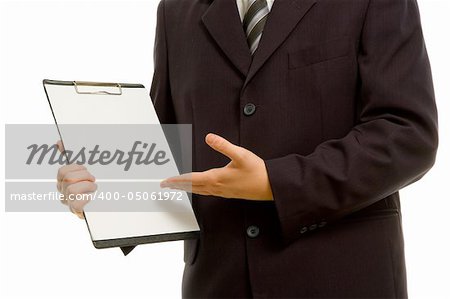 Businessman holding a blank clipboard. Room for your text