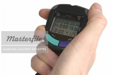 Hand holding a stopwatch isolated on white.
