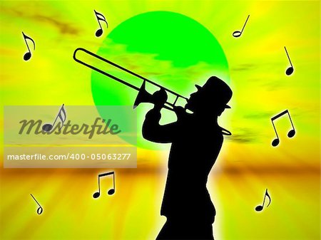 A trumpet player in the sunset against the sun